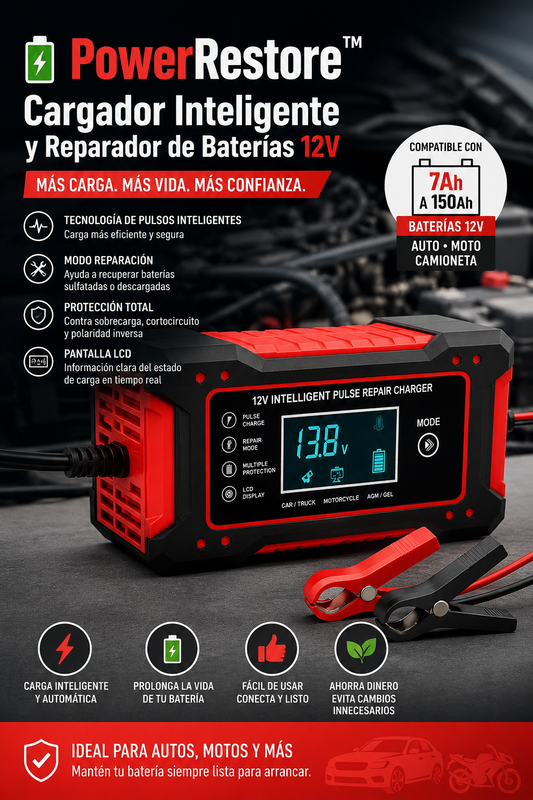 🔋 PowerRestore™ | Cargador Inteligente y Reparador de Baterías 12V