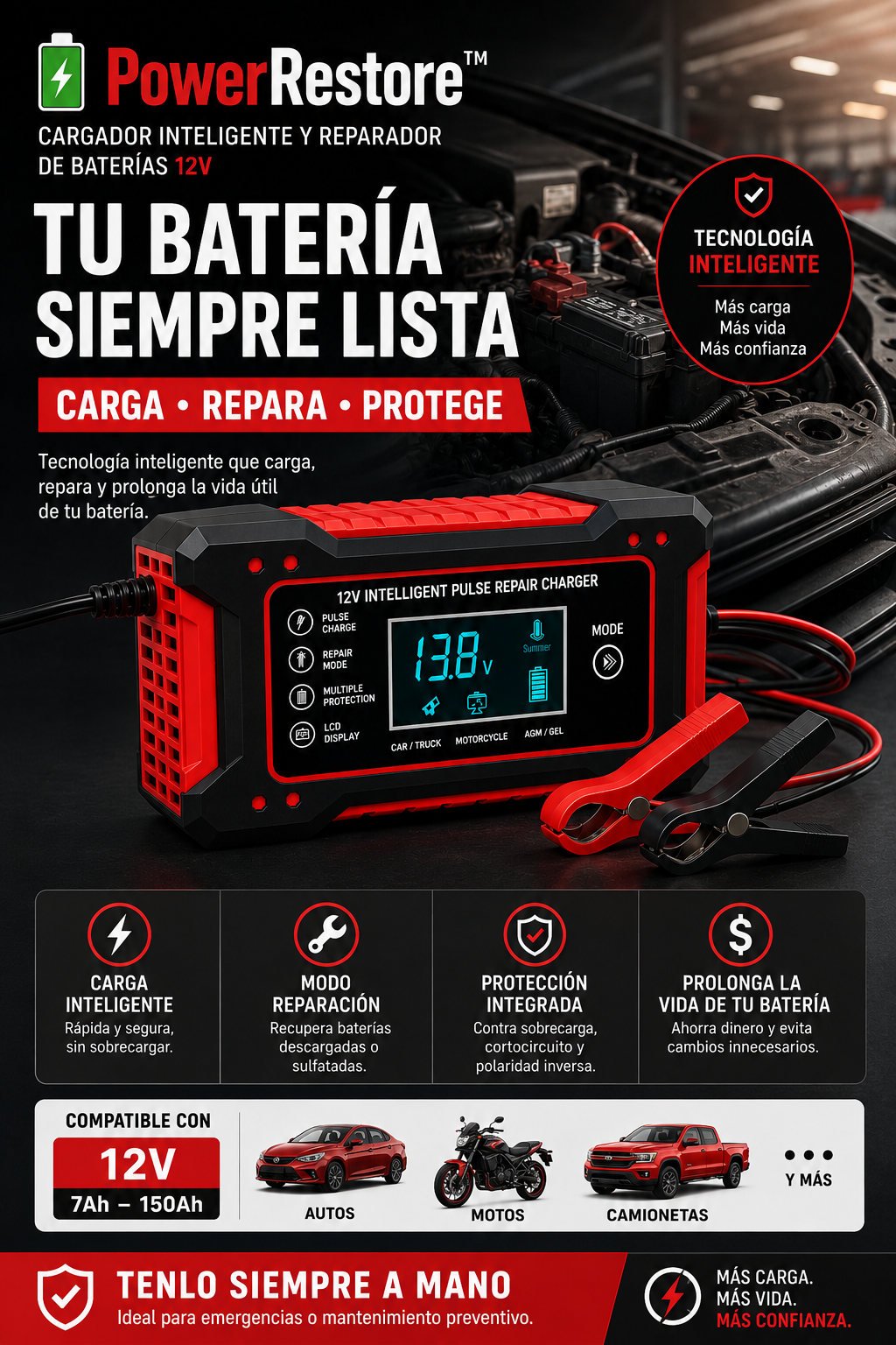 🔋 PowerRestore™ | Cargador Inteligente y Reparador de Baterías 12V