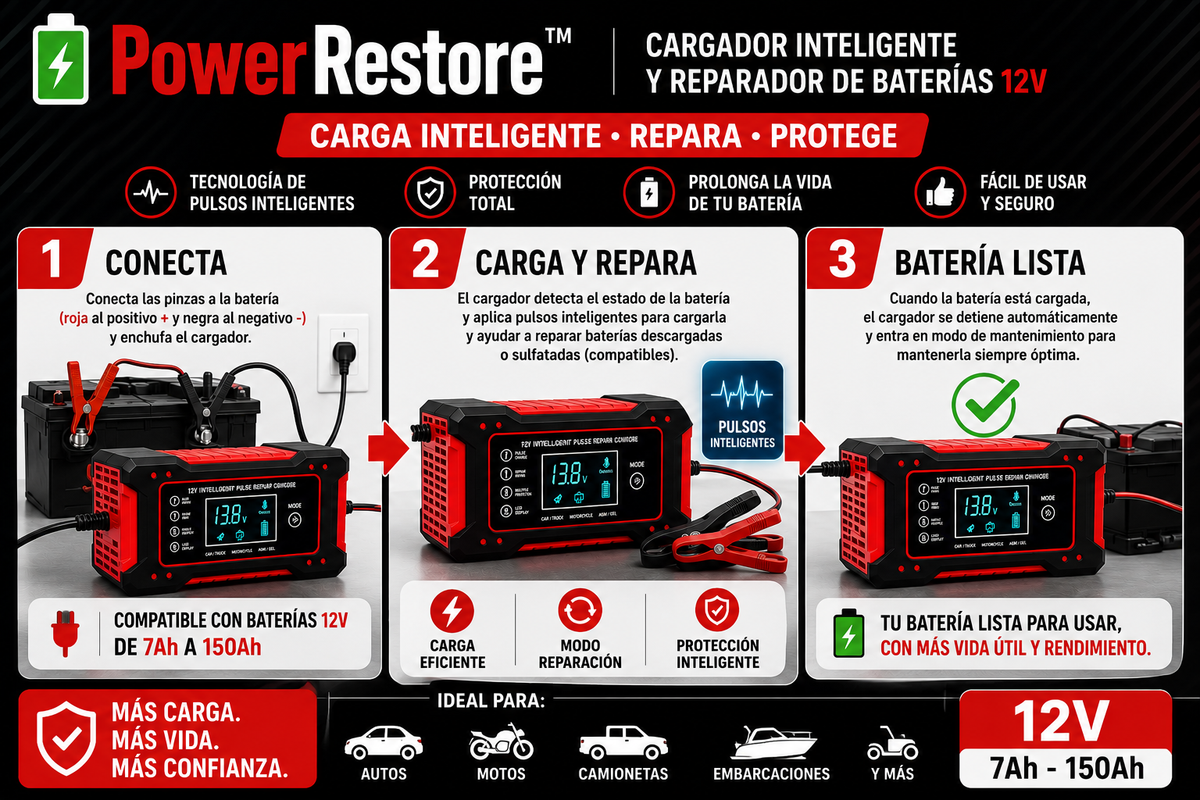 🔋 PowerRestore™ | Cargador Inteligente y Reparador de Baterías 12V
