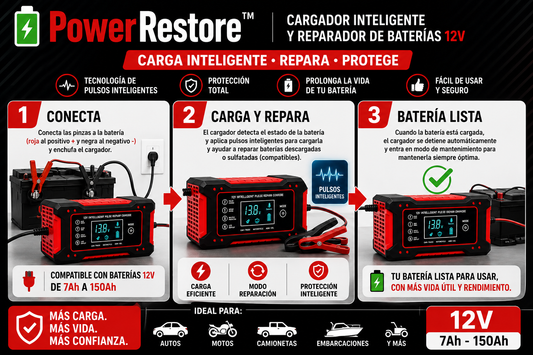 🔋 PowerRestore™ | Cargador Inteligente y Reparador de Baterías 12V